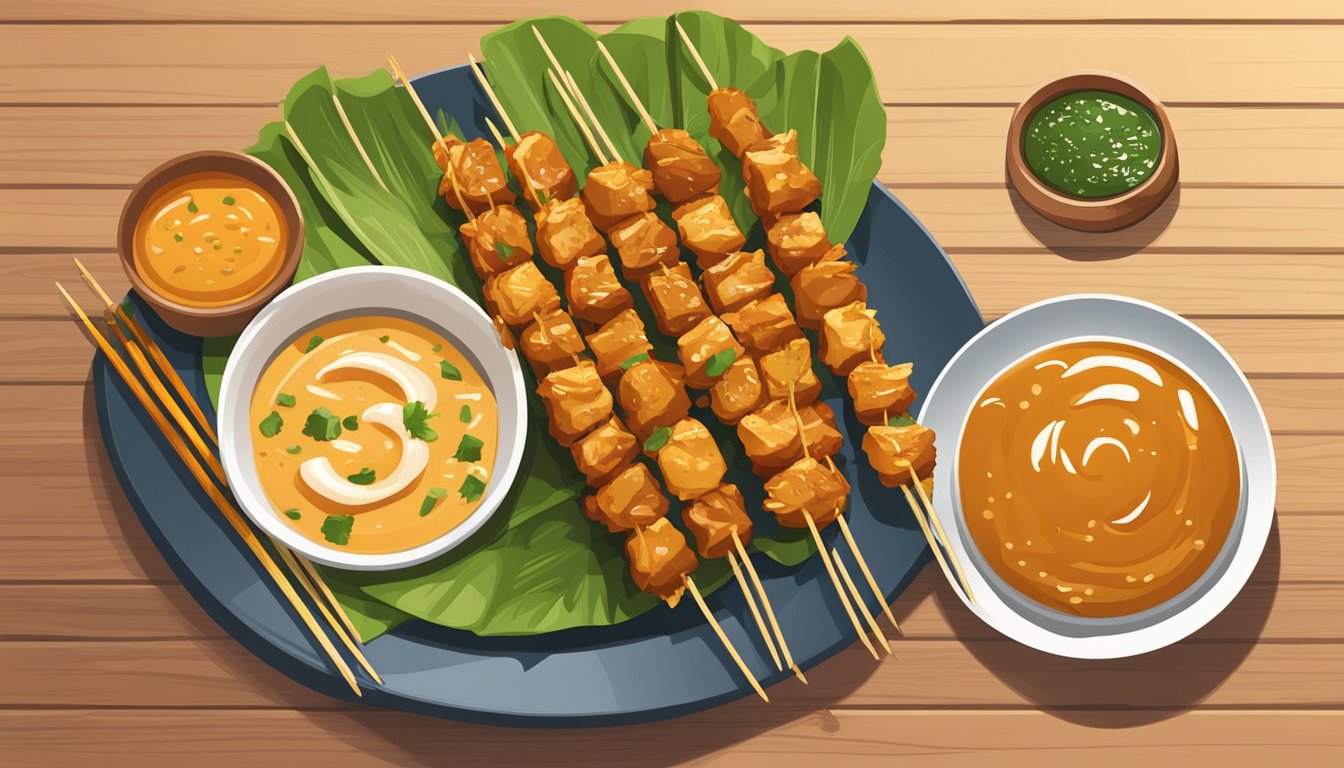 A plate of air fryer chicken satay with skewers and dipping sauce on a wooden table