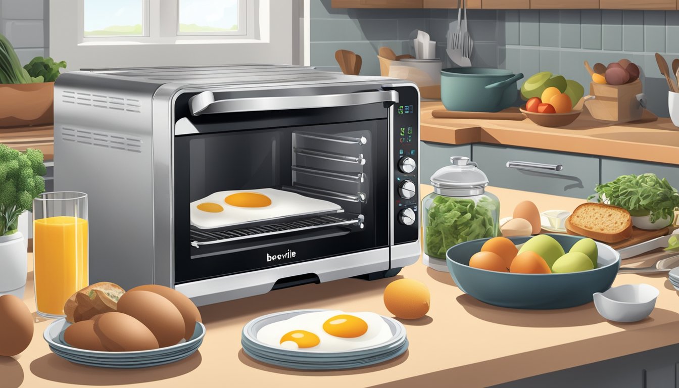 A kitchen counter with a Breville smart oven surrounded by ingredients like eggs, bread, fruits, and vegetables. A cookbook open to a breakfast recipe