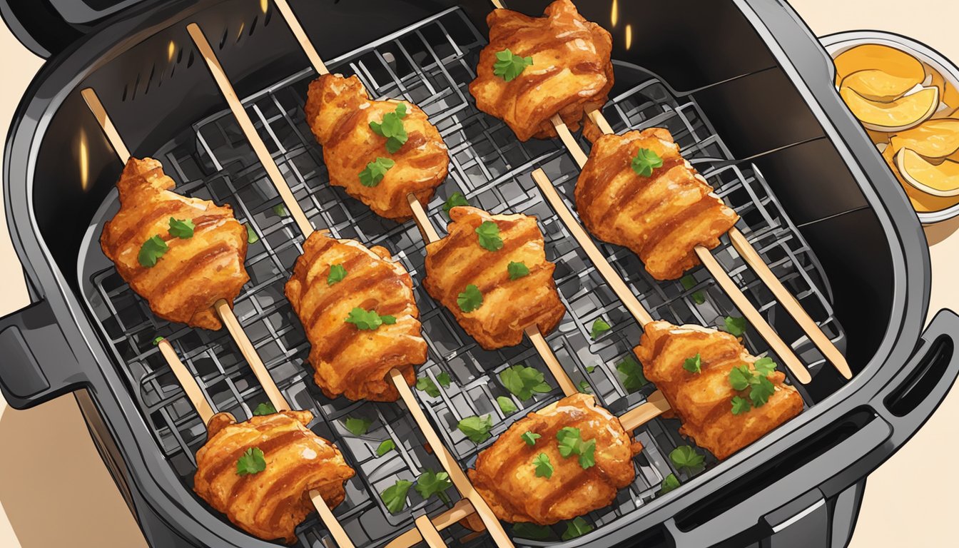 Skewered chicken pieces marinating in a flavorful sauce, placed inside an air fryer basket ready for cooking