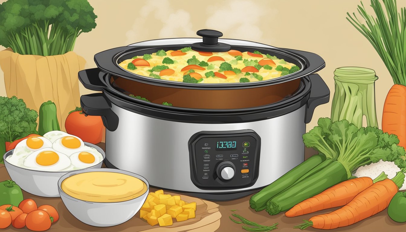 A crockpot express surrounded by fresh vegetables and eggs, with steam rising from a sizzling vegetable omelette