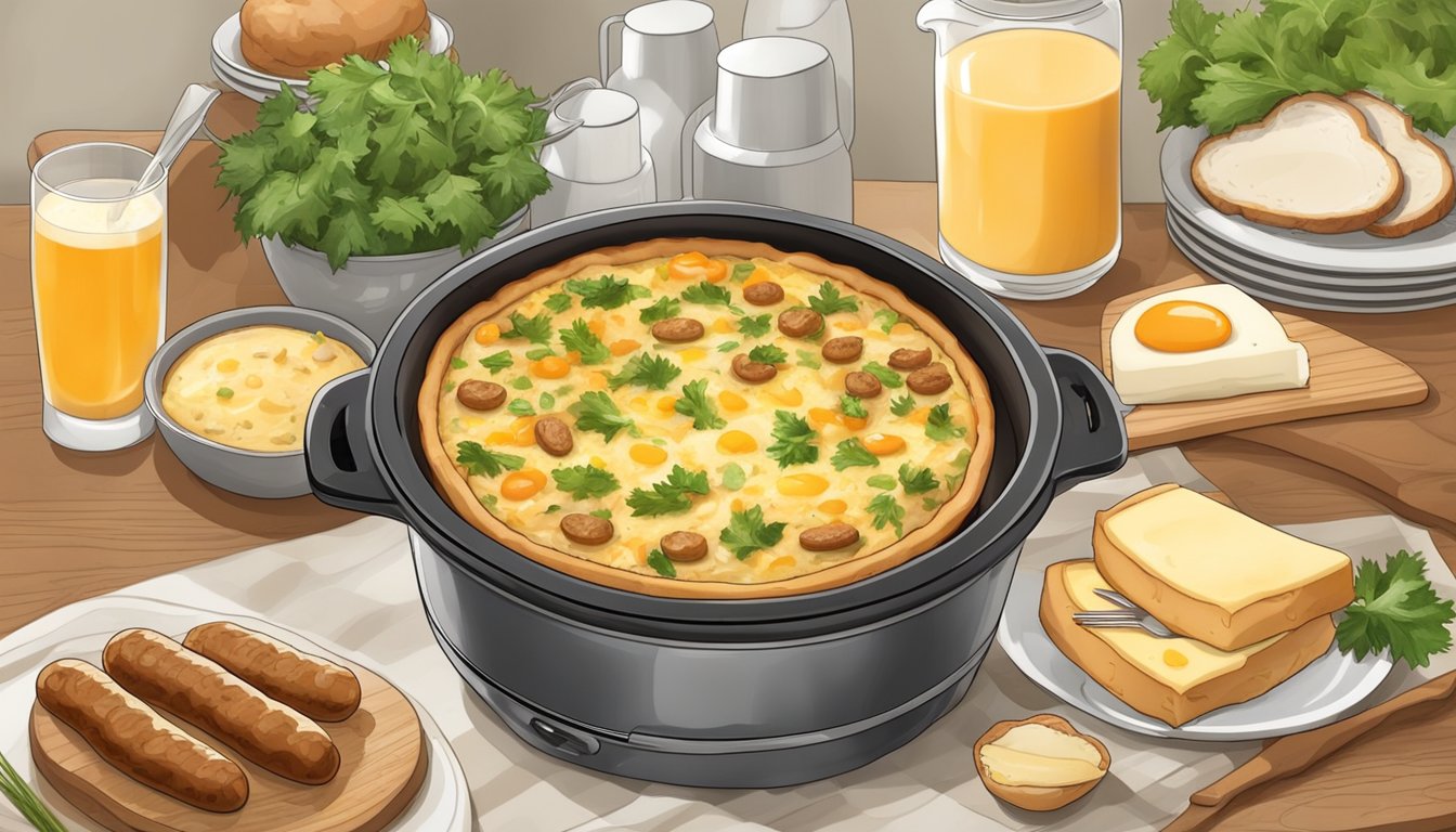 A steaming quiche surrounded by fresh maple sausage, eggs, and cheese, all cooked to perfection in a crockpot express