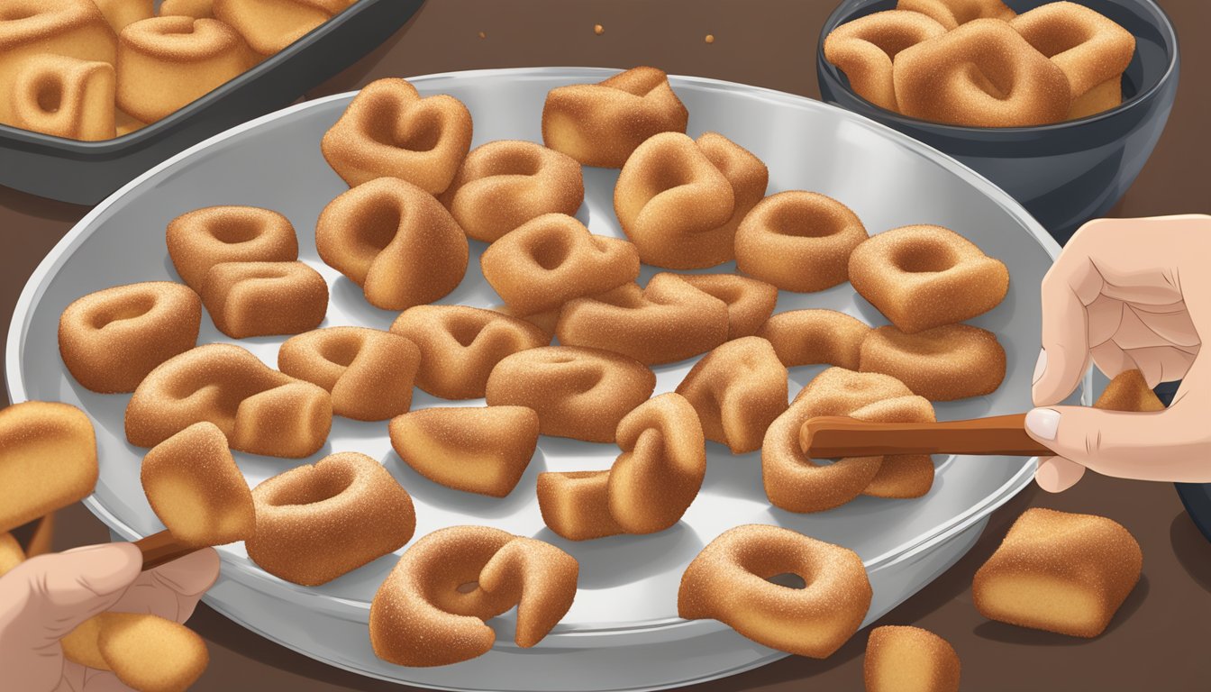 A bowl of pretzel dough being rolled into bite-sized pieces and coated in cinnamon sugar before being placed in an air fryer