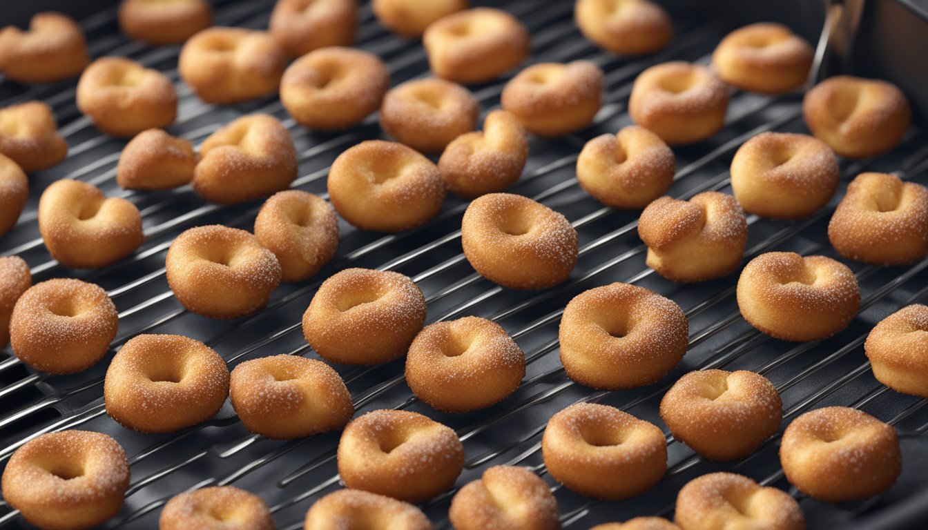 Golden pretzel bites rotating inside air fryer basket. Cinnamon sugar sprinkled on top. Steam rising