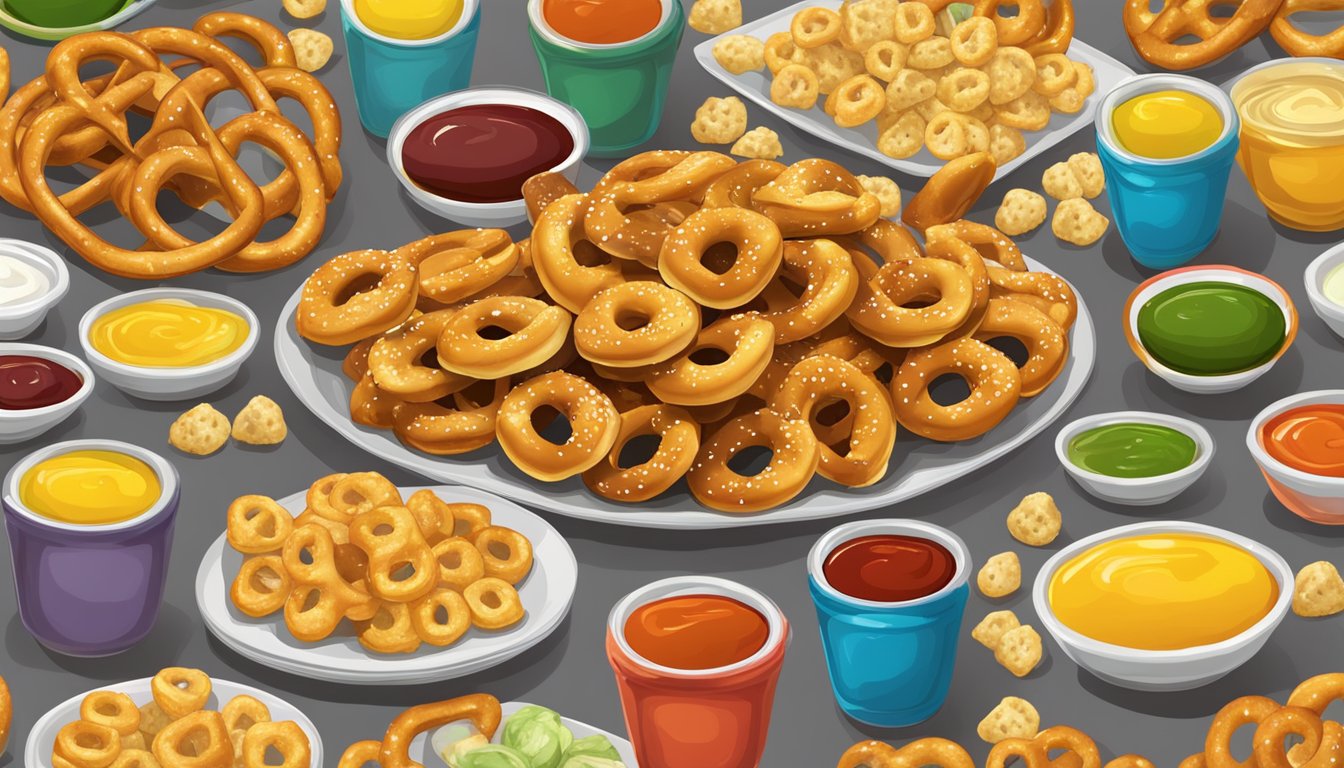 Golden pretzel bites surrounded by colorful dipping sauces on a serving platter