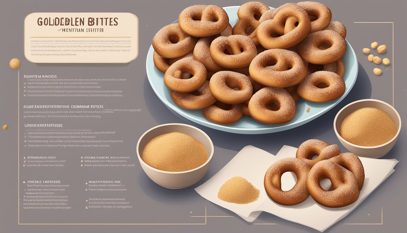 A plate of golden-brown pretzel bites sprinkled with cinnamon sugar, surrounded by small bowls of nutritional information and allergen advice