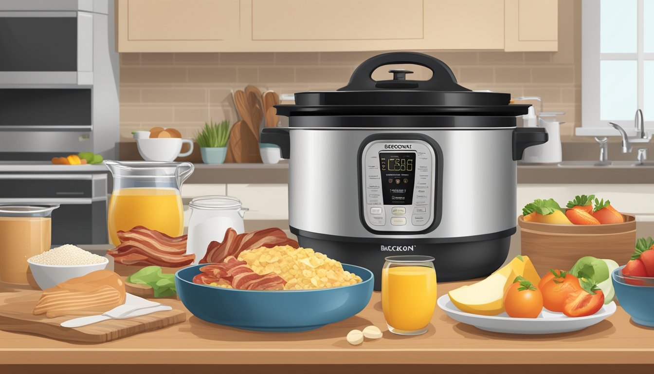 A kitchen counter with a Crockpot Express surrounded by various ingredients for breakfast recipes such as eggs, bacon, oats, and fruit