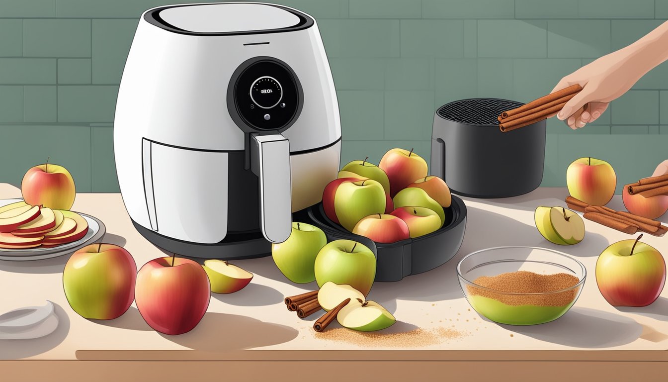 Fresh apples being carefully selected, sliced, and sprinkled with cinnamon before being placed into an air fryer