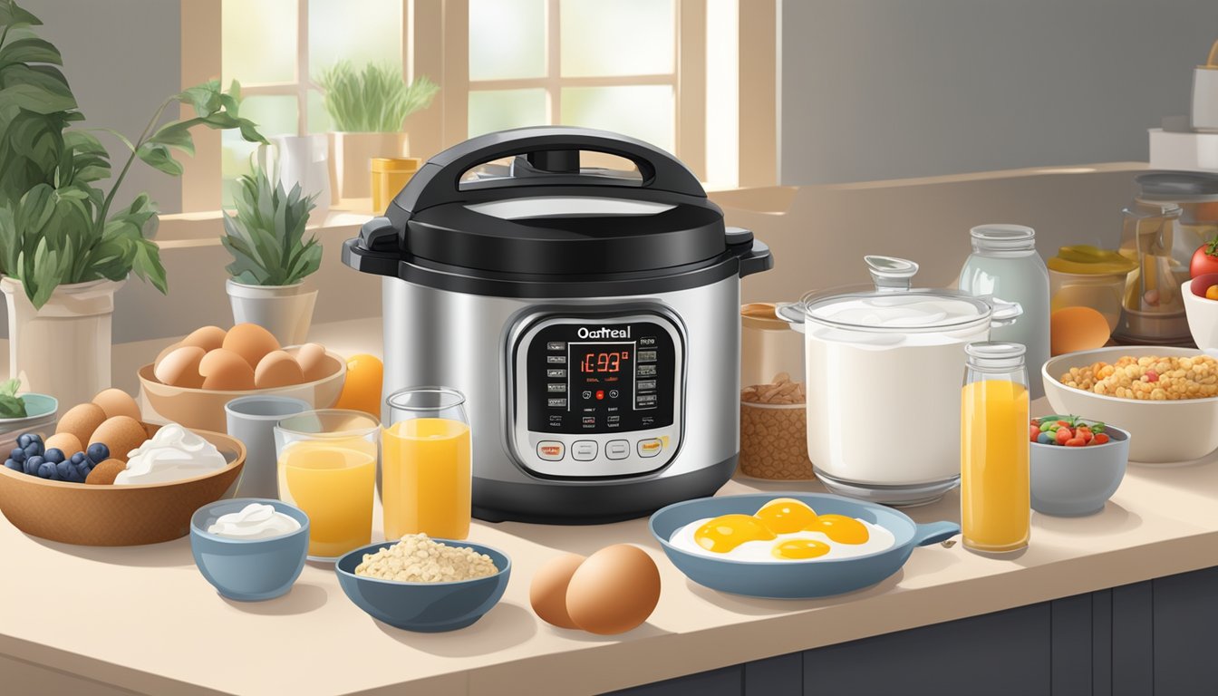 A kitchen counter with an electric pressure cooker surrounded by various breakfast ingredients like eggs, oatmeal, fruits, and yogurt