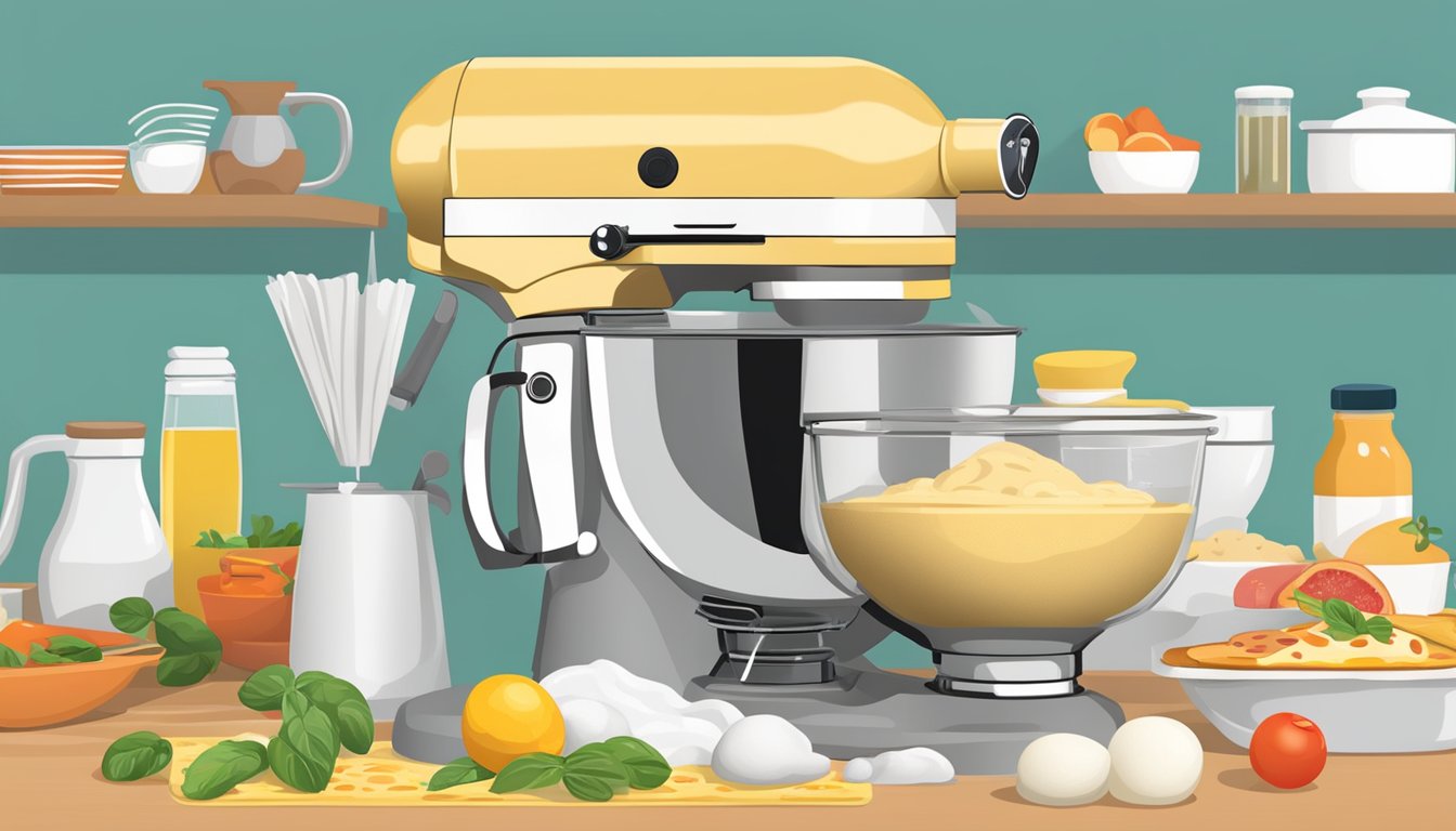 A stand mixer mixing pizza dough with various breakfast ingredients nearby