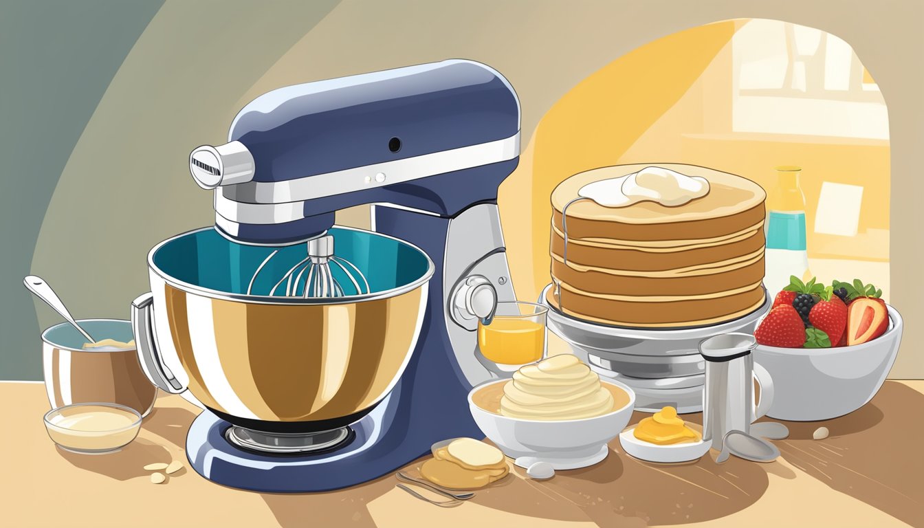 A stand mixer whips up pancake batter, with ingredients scattered around and a recipe book open to breakfast ideas