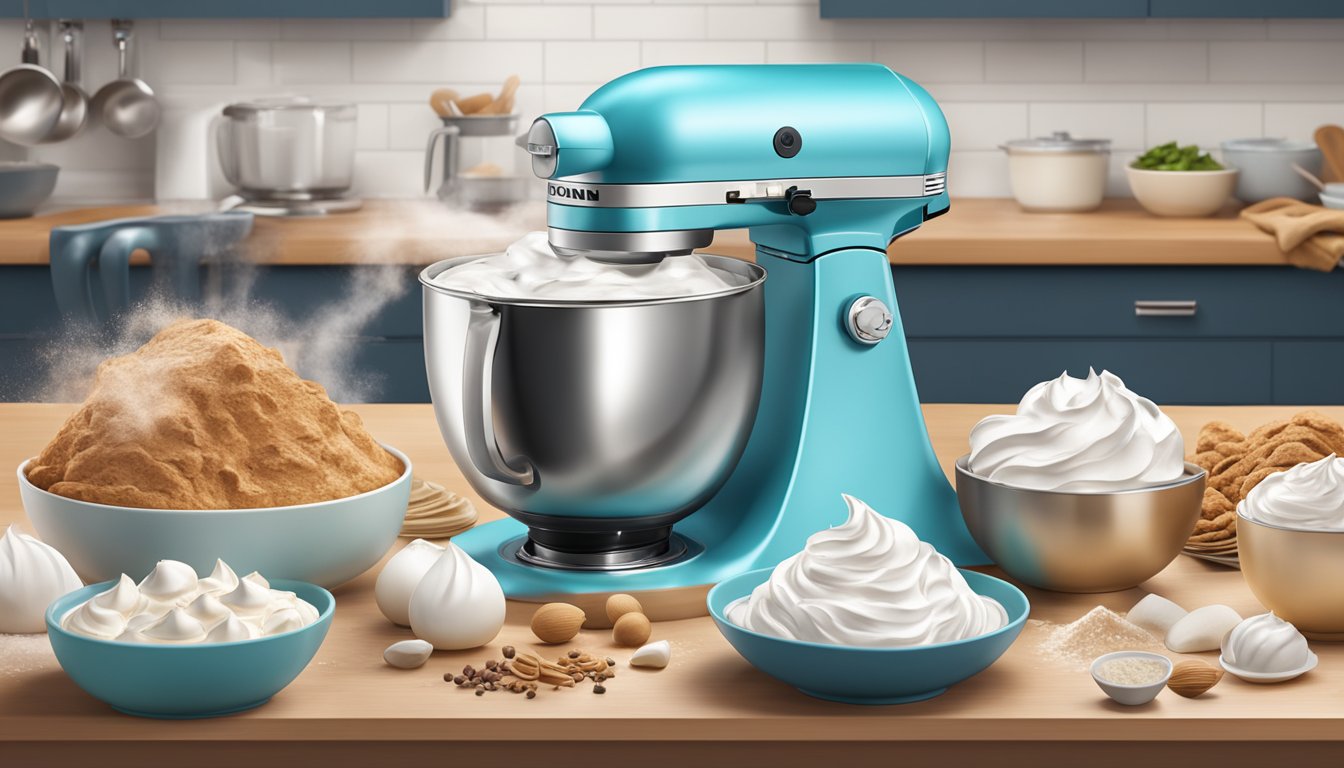 A stand mixer surrounded by bowls of ingredients, with a cloud of fluffy meringue topping being whipped up on high speed