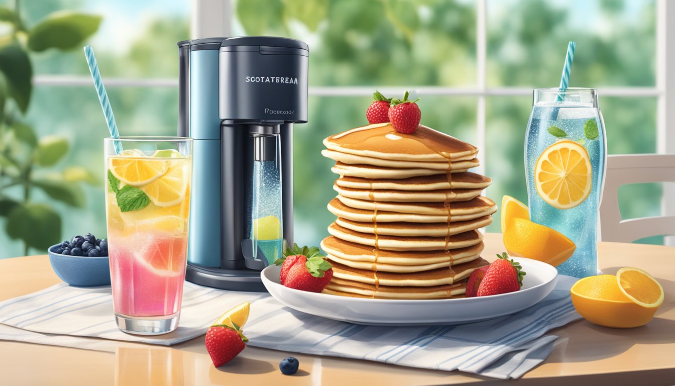 A breakfast table with pancakes, fruit, and a SodaStream machine infusing syrup into a glass of sparkling water