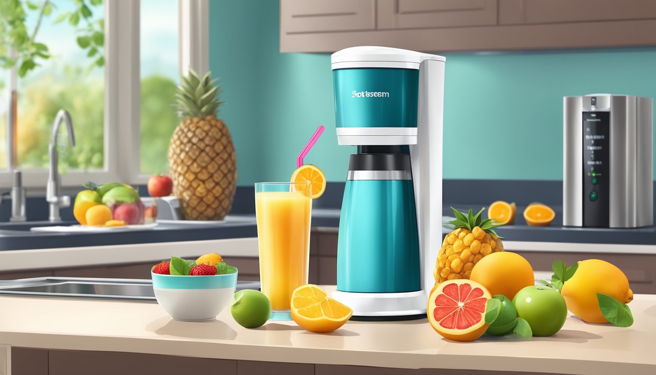 A colorful array of fresh fruits and a SodaStream machine on a kitchen counter, with a glass filled with a sparkling breakfast smoothie