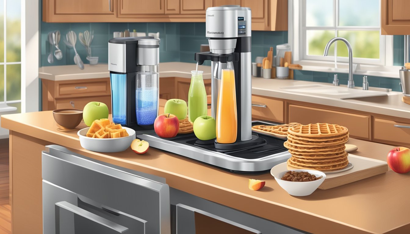 A kitchen counter with a SodaStream machine, a stack of apple cider waffles, and various ingredients for breakfast recipes