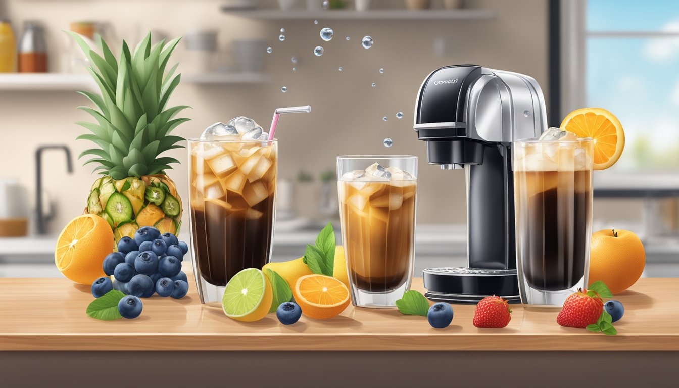 A glass of iced coffee with bubbles rising, surrounded by fresh fruits and a SodaStream machine