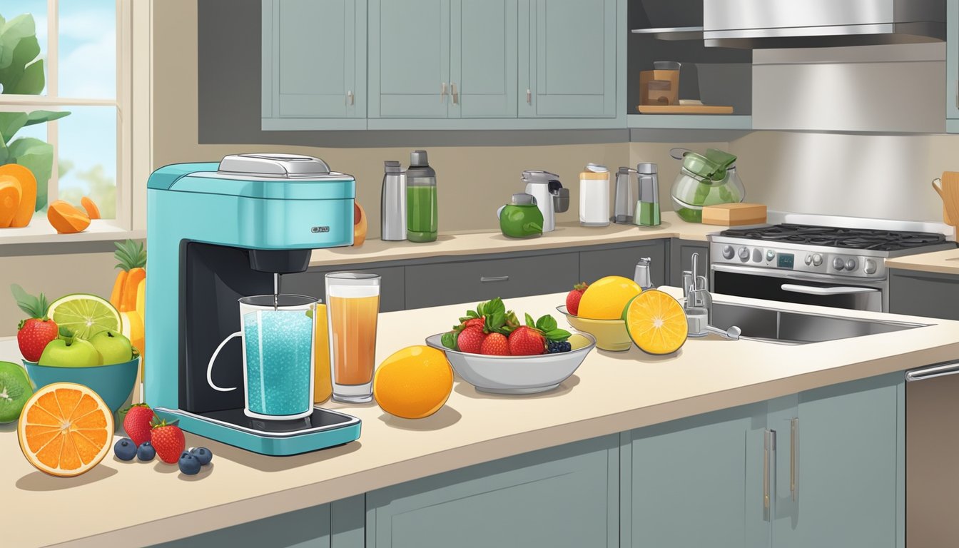 A kitchen counter with a Soda Stream machine, fresh fruits, and a variety of breakfast ingredients ready to be used in recipes