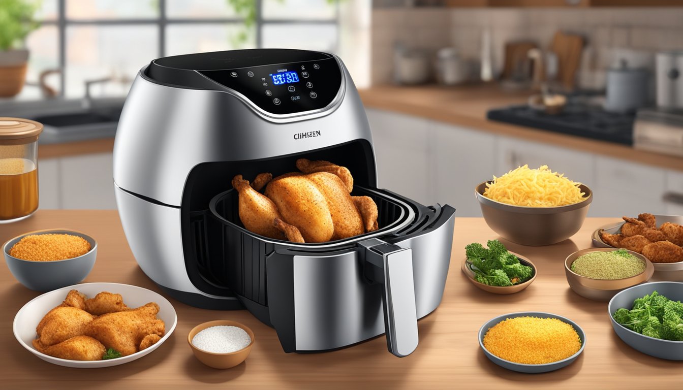 Chicken thighs placed in air fryer basket, seasoning sprinkled on top. Air fryer preheating with digital display lit up. Kitchen counter cluttered with ingredients and utensils