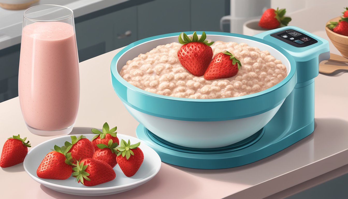 A bowl of strawberry frozen oatmeal sits on a table, surrounded by fresh strawberries and an ice cream maker in the background