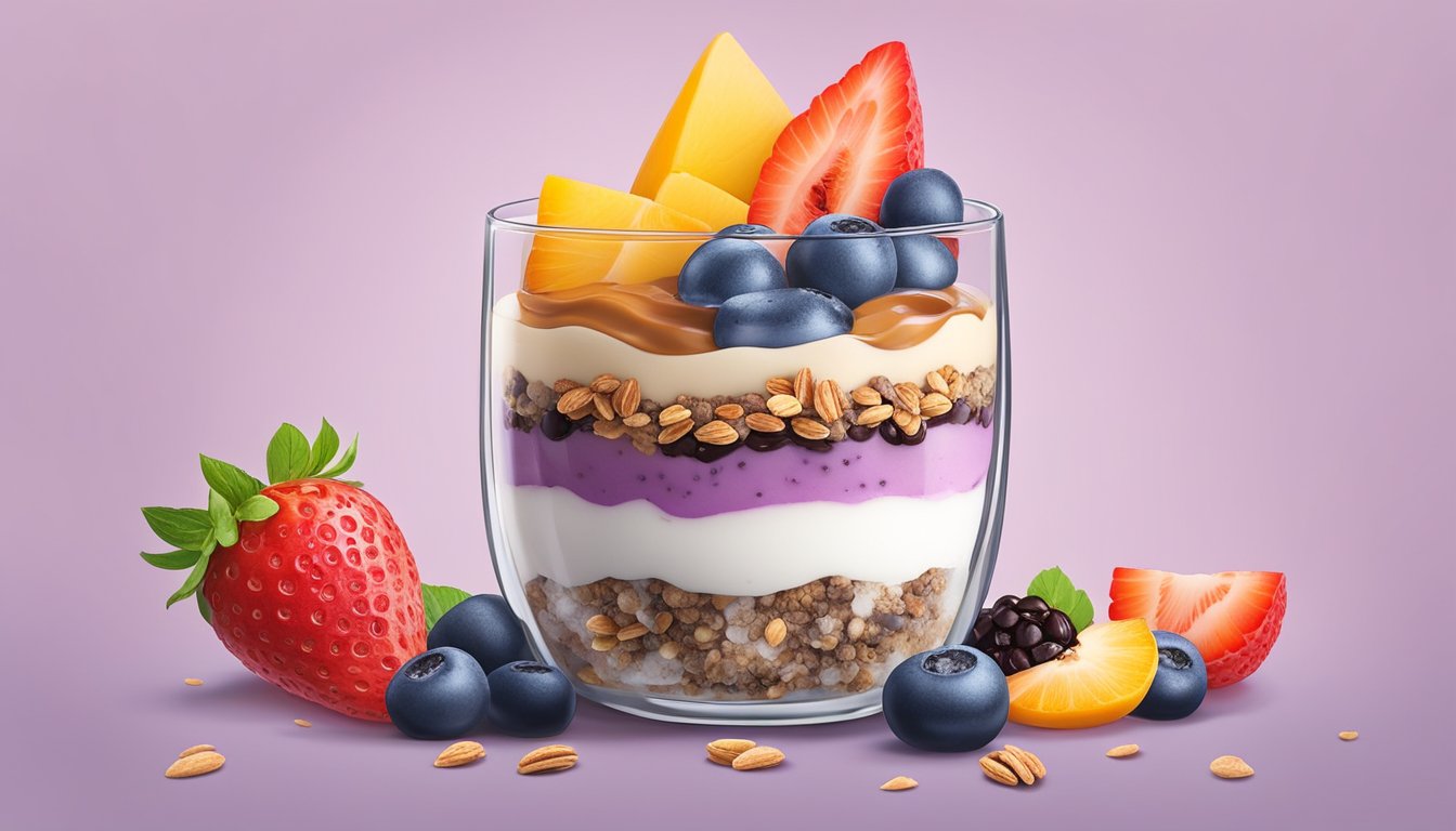 A colorful parfait glass filled with layers of coffee chia pudding and creamy ice cream, topped with fresh fruit and granola