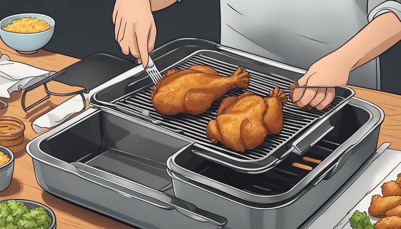 A pair of tongs lifting crispy air fryer chicken thighs from a greased tray, with a paper towel nearby for cleanup