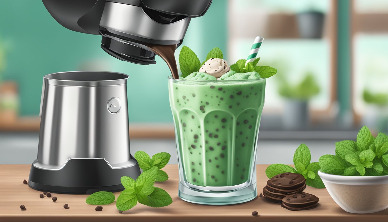 A mint chocolate chip smoothie being poured into a glass surrounded by fresh mint leaves and chocolate chips, with an ice cream maker in the background