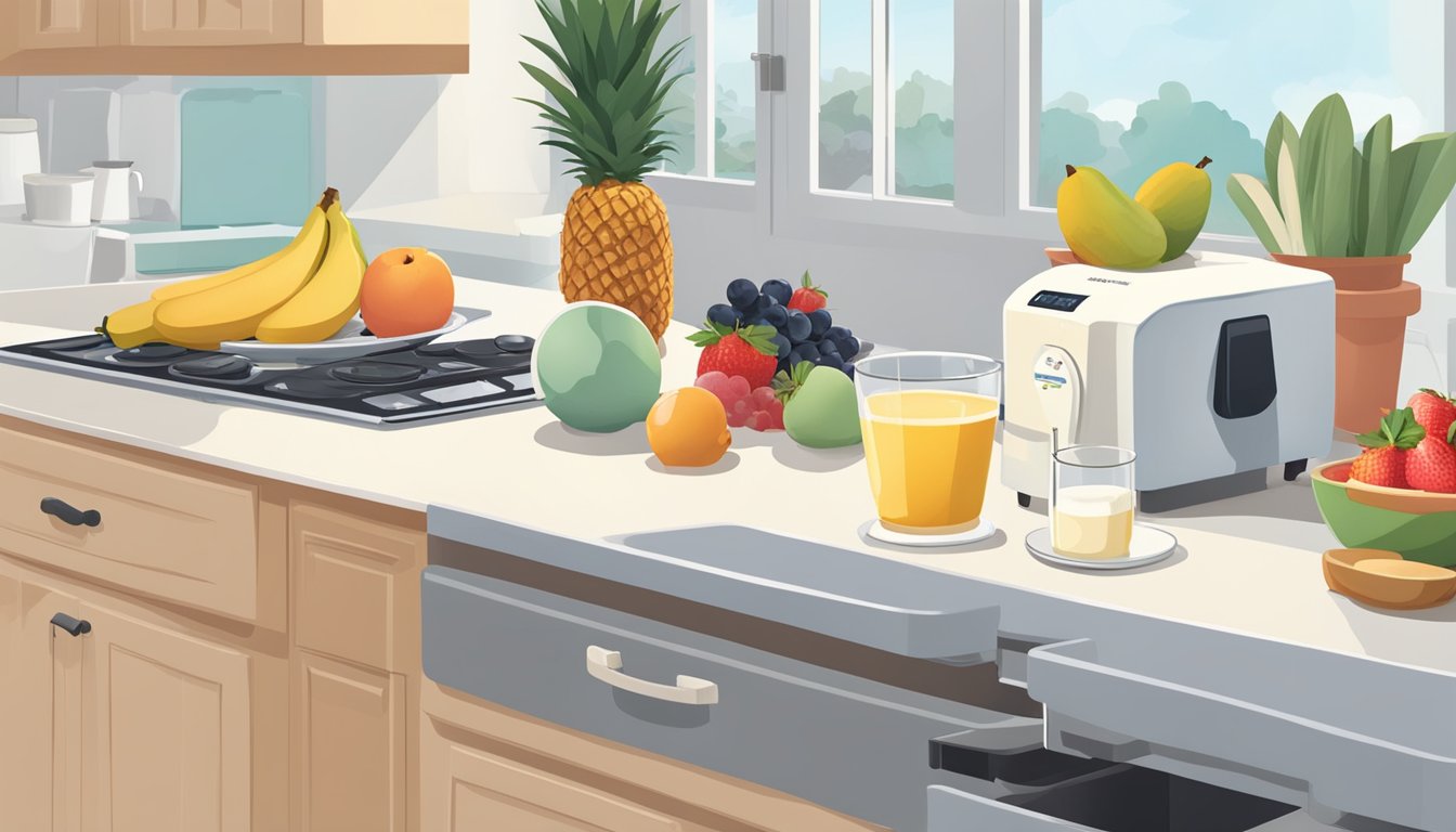 Fresh fruit, milk, and yogurt sit on a kitchen counter next to an ice cream maker. A recipe book is open to breakfast ideas