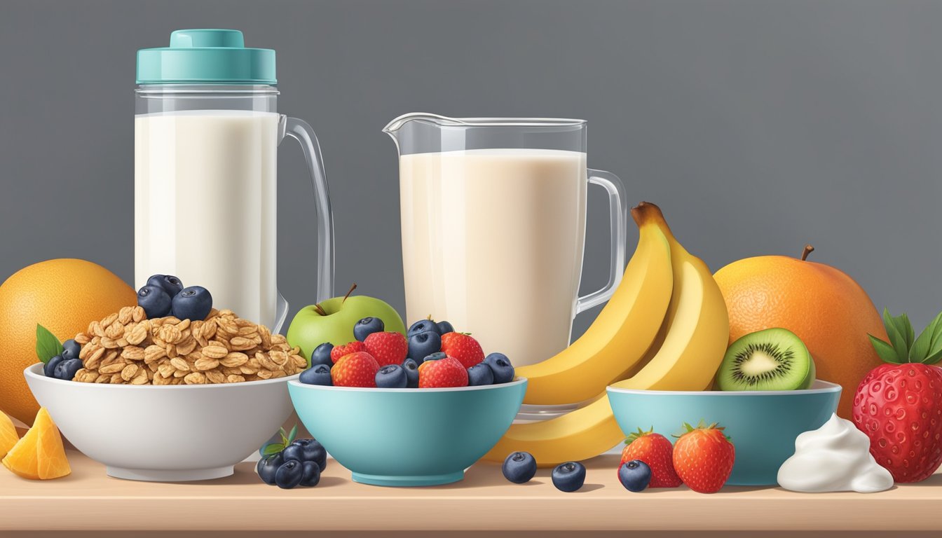 Fresh fruits, milk, and yogurt arranged next to an ice cream maker. A bowl of granola and a variety of toppings are laid out on the counter