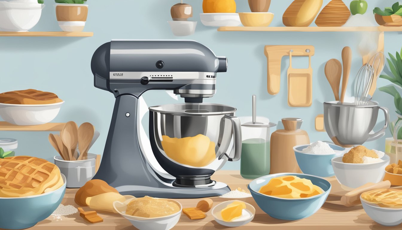 A stand mixer surrounded by ingredients and bowls, mixing batter for pancakes, waffles, and muffins