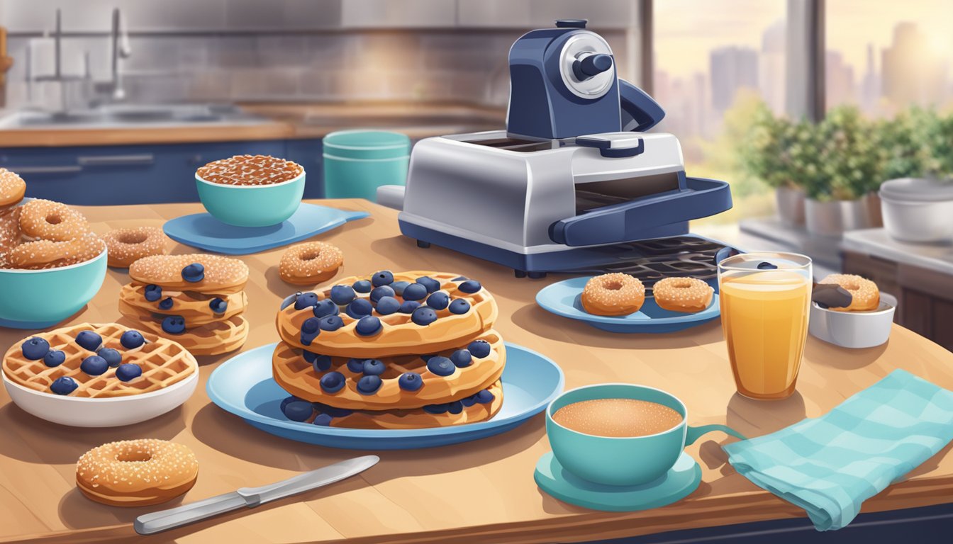 A donut maker surrounded by blueberry waffles, with a plate of donuts in the background