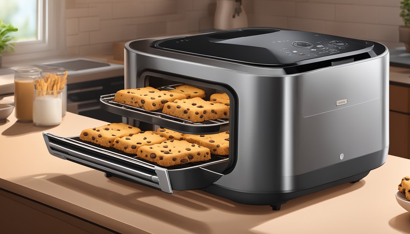 A batch of chocolate chip cookie bars sits inside the Air Fryer, surrounded by the warm glow of the appliance's cooking chamber