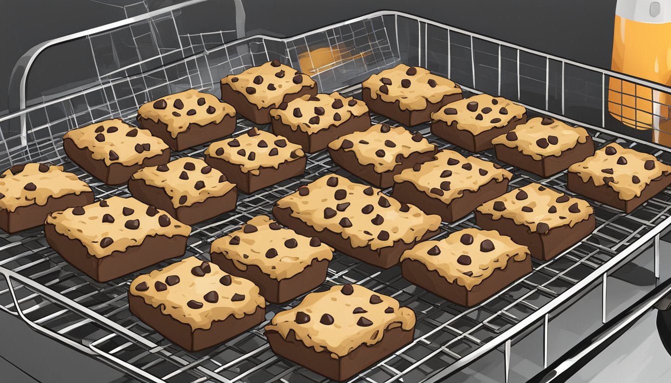 A batch of chocolate chip cookie bars cooling on a wire rack next to an air fryer