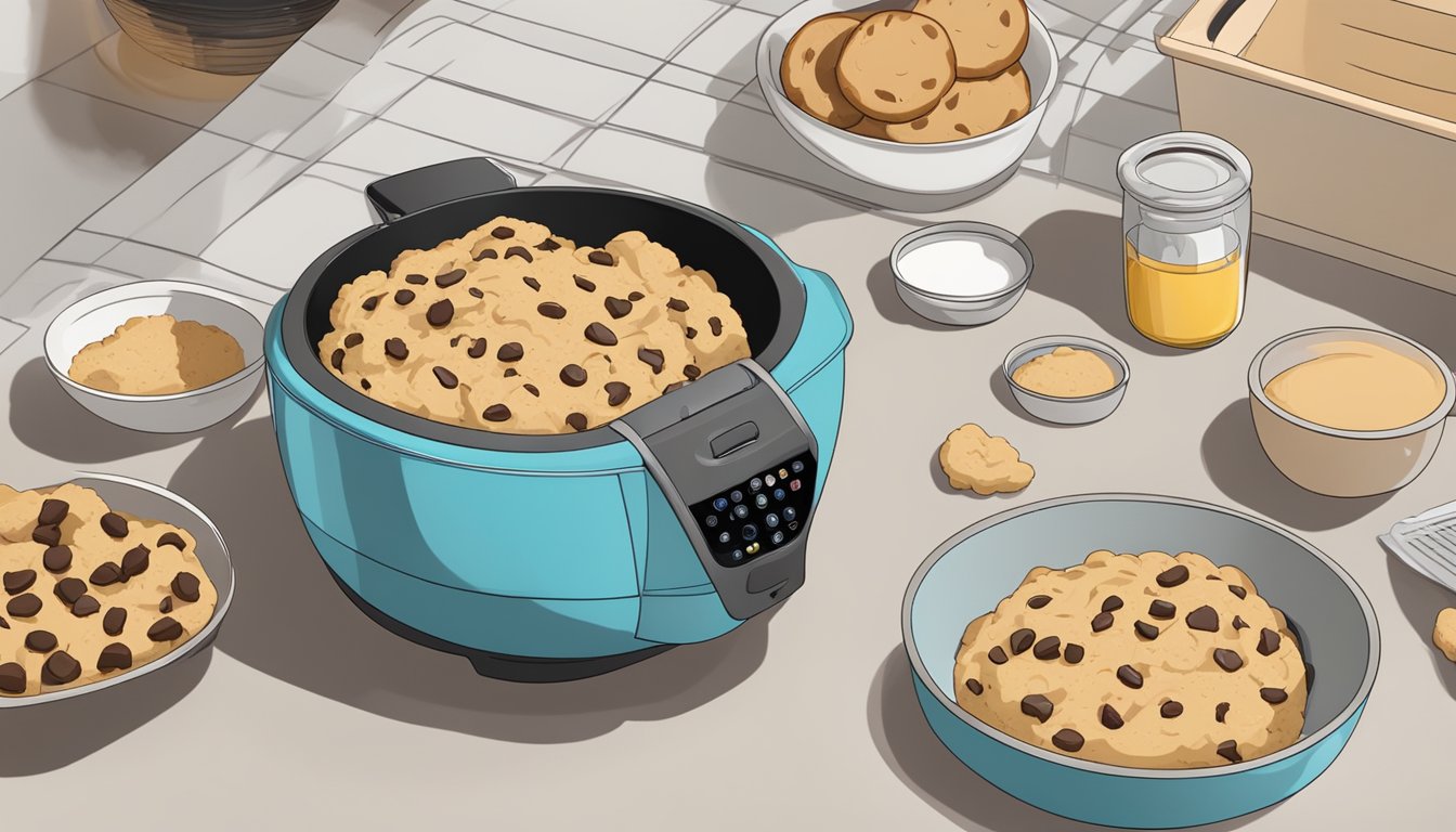 A mixing bowl filled with cookie dough, surrounded by air fryer and chocolate chip ingredients on a kitchen counter