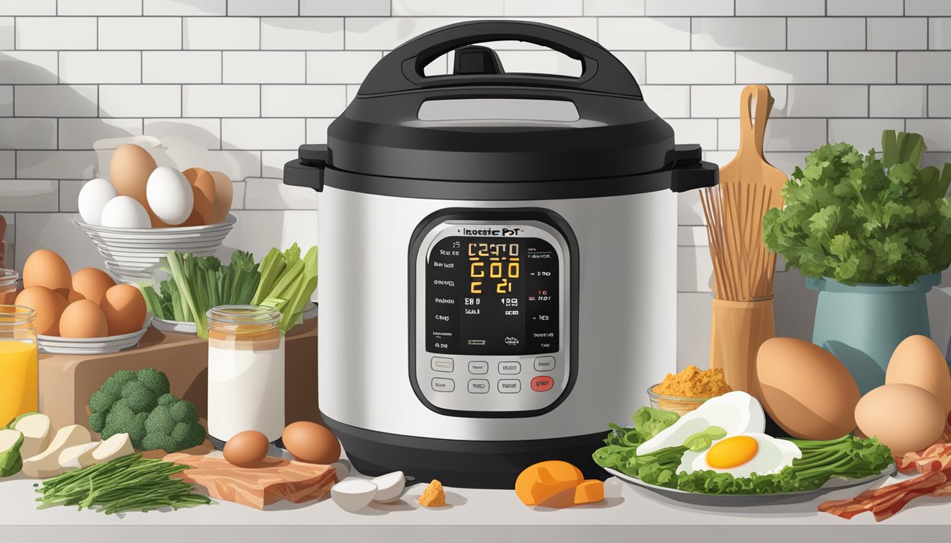 A kitchen counter with an Instant Pot Duo Crisp surrounded by various ingredients such as eggs, bacon, vegetables, and seasonings