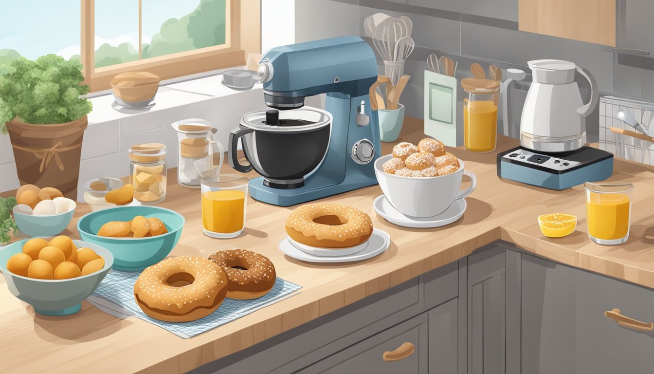 A kitchen counter with various ingredients and a donut maker, surrounded by recipe cards for homemade breakfasts