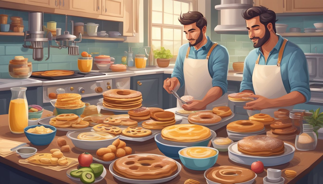 A donut maker surrounded by ingredients for pancakes, waffles, muffins, crepes, and churros