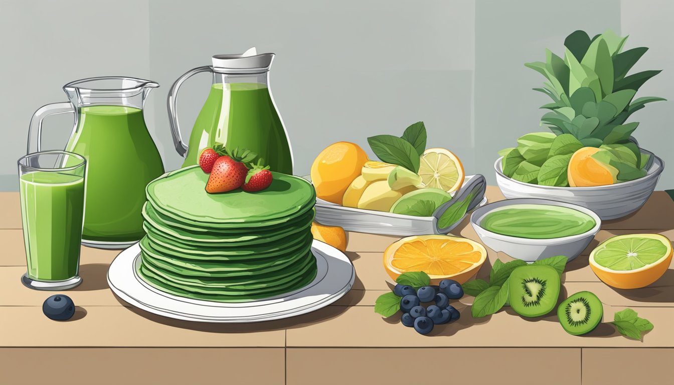 A stack of green-hued pancakes topped with fresh fruit and a pitcher of green juice, surrounded by a juicer and ingredients