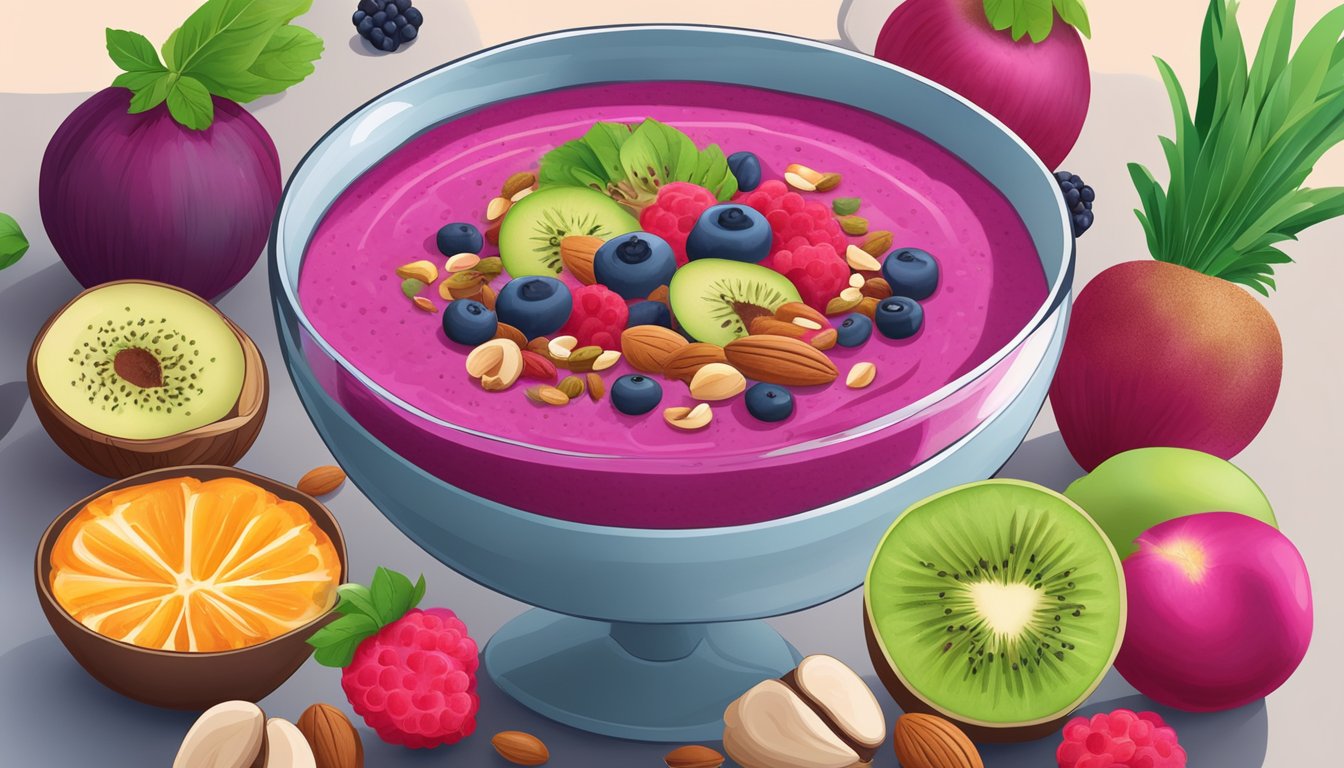 A vibrant beetroot smoothie bowl surrounded by fresh fruits, nuts, and seeds, with a juicer and ingredients in the background