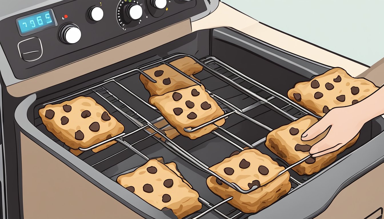 A hand placing chocolate chip cookie bars into the preheated air fryer