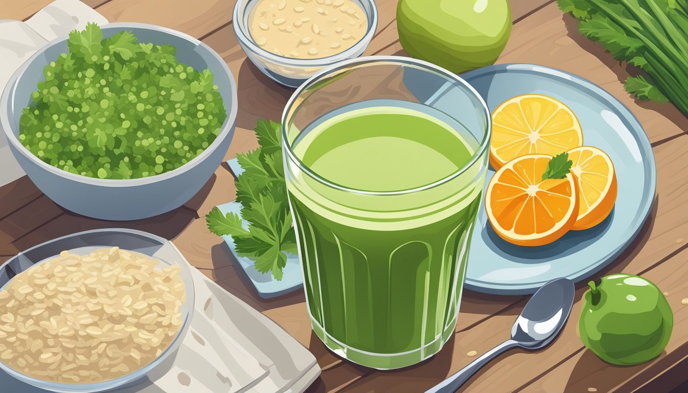 A glass of green celery juice sits next to a bowl of oatmeal, surrounded by fresh fruits and vegetables, on a wooden breakfast table