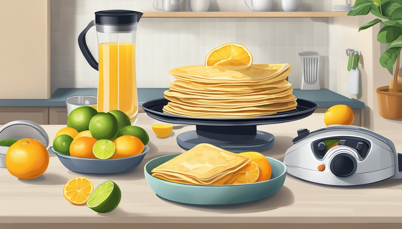 A stack of citrus-infused crepes with fresh fruit and a juicer on a kitchen counter