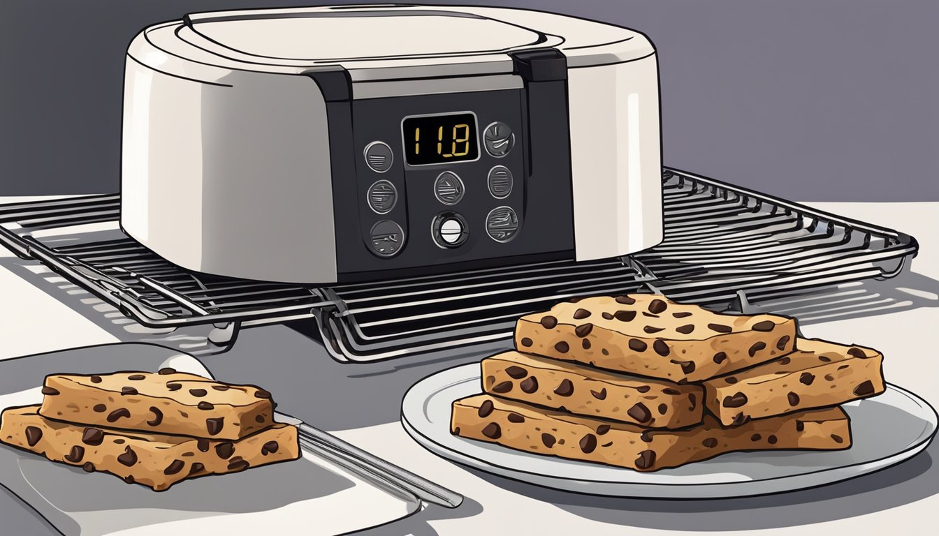 Freshly baked chocolate chip cookie bars being removed from an air fryer and placed on a wire rack to cool, with a few bars already stacked neatly on a white plate nearby