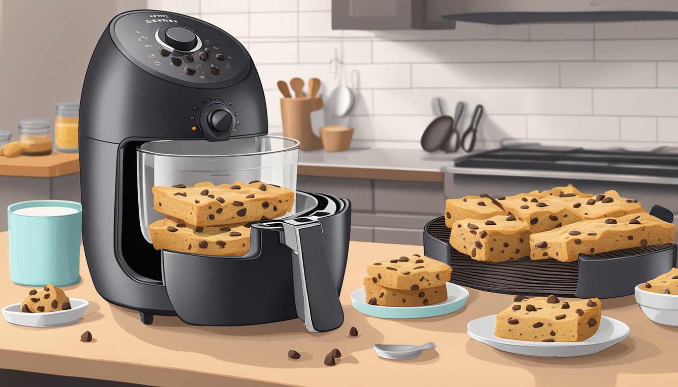 A batch of chocolate chip cookie bars being prepared in an air fryer, with various ingredients and mixing utensils on a kitchen counter