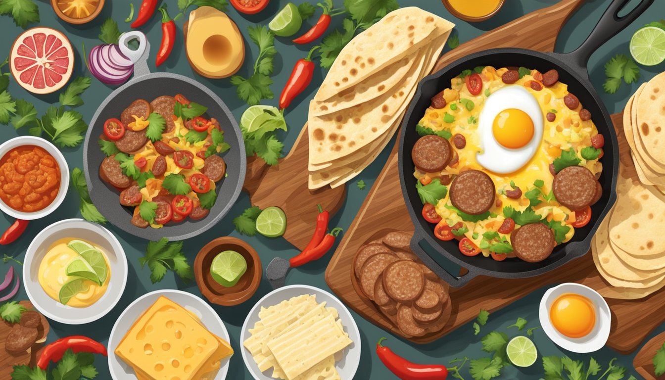 A sizzling skillet with spicy sausage, eggs, and cheese filling warm tortillas, surrounded by a variety of fresh breakfast ingredients