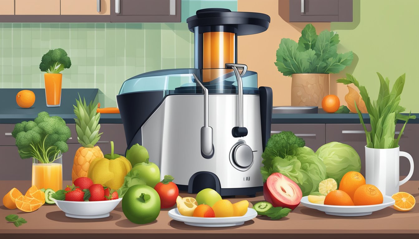 Fresh fruits and vegetables arranged around a sleek juicer, with a variety of breakfast dishes in the background