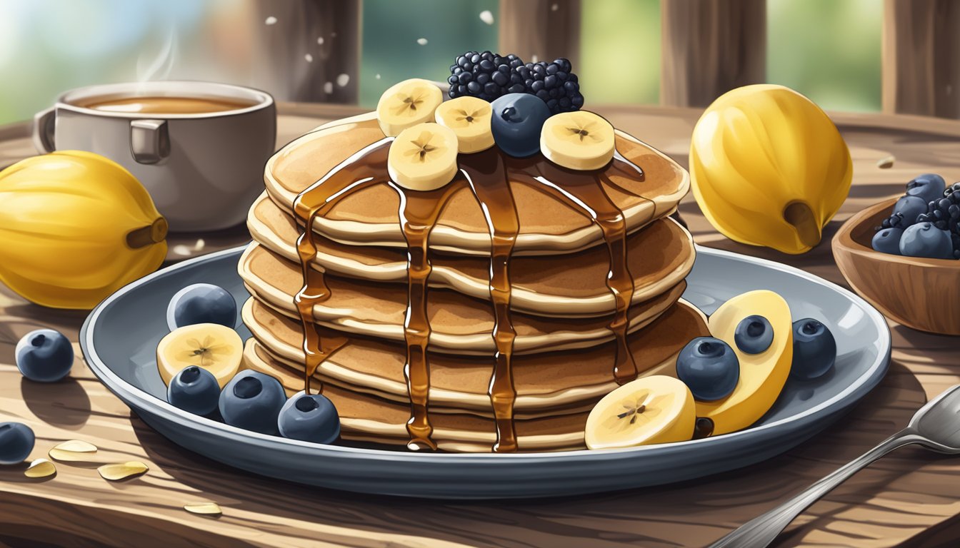 A stack of banana oat pancakes surrounded by fresh fruit and a drizzle of maple syrup on a rustic wooden table