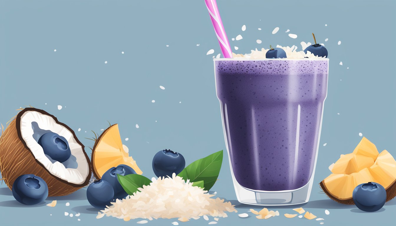 A glass filled with a vibrant blueberry coconut smoothie surrounded by fresh blueberries and coconut flakes