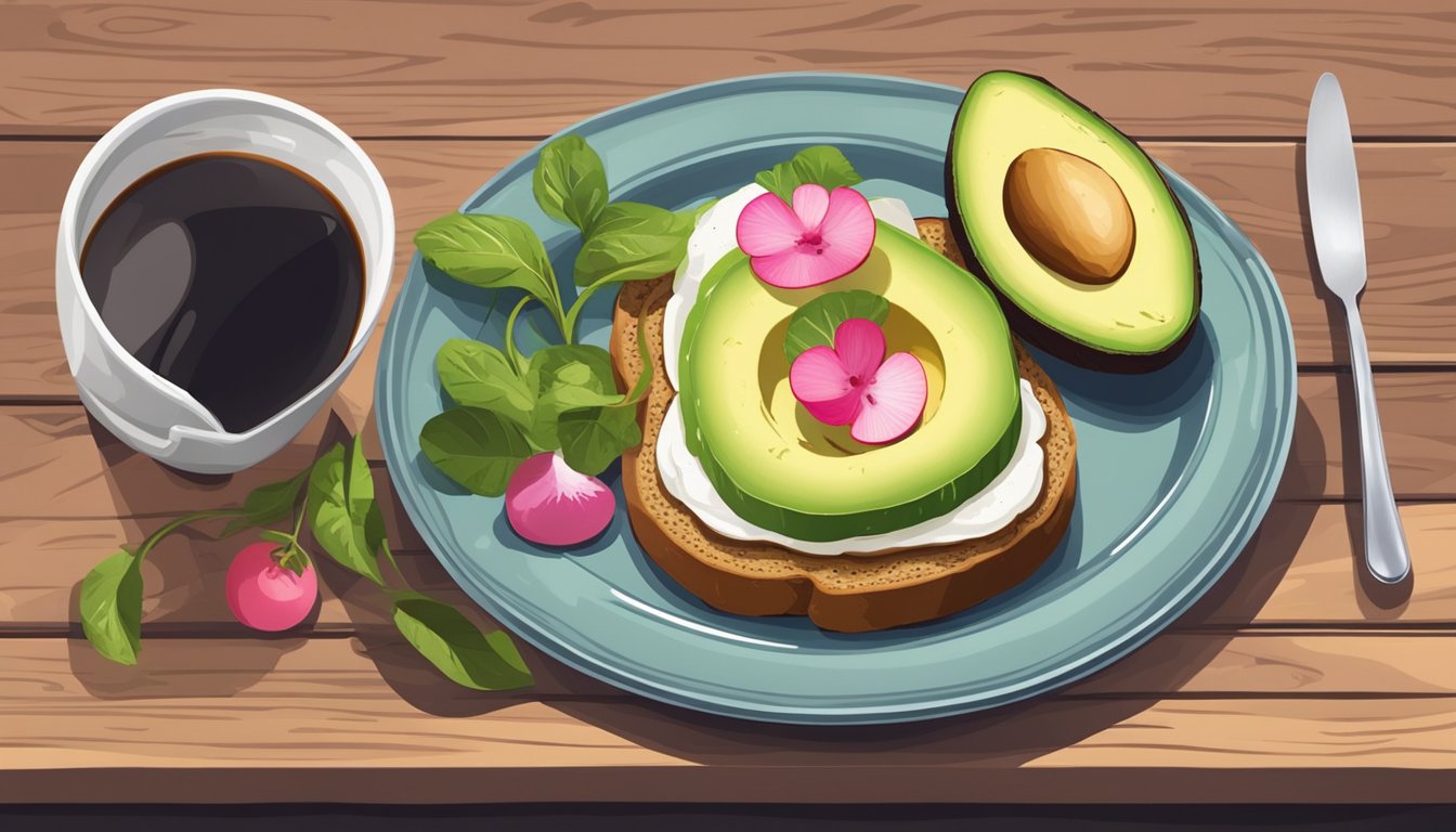 A plate of avocado toast topped with sliced radishes, accompanied by a side of fresh fruit and a steaming cup of coffee on a rustic wooden table