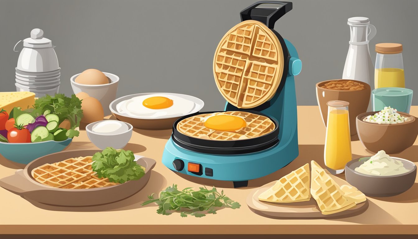 A waffle cone maker surrounded by ingredients for a breakfast burrito, including eggs, cheese, and vegetables