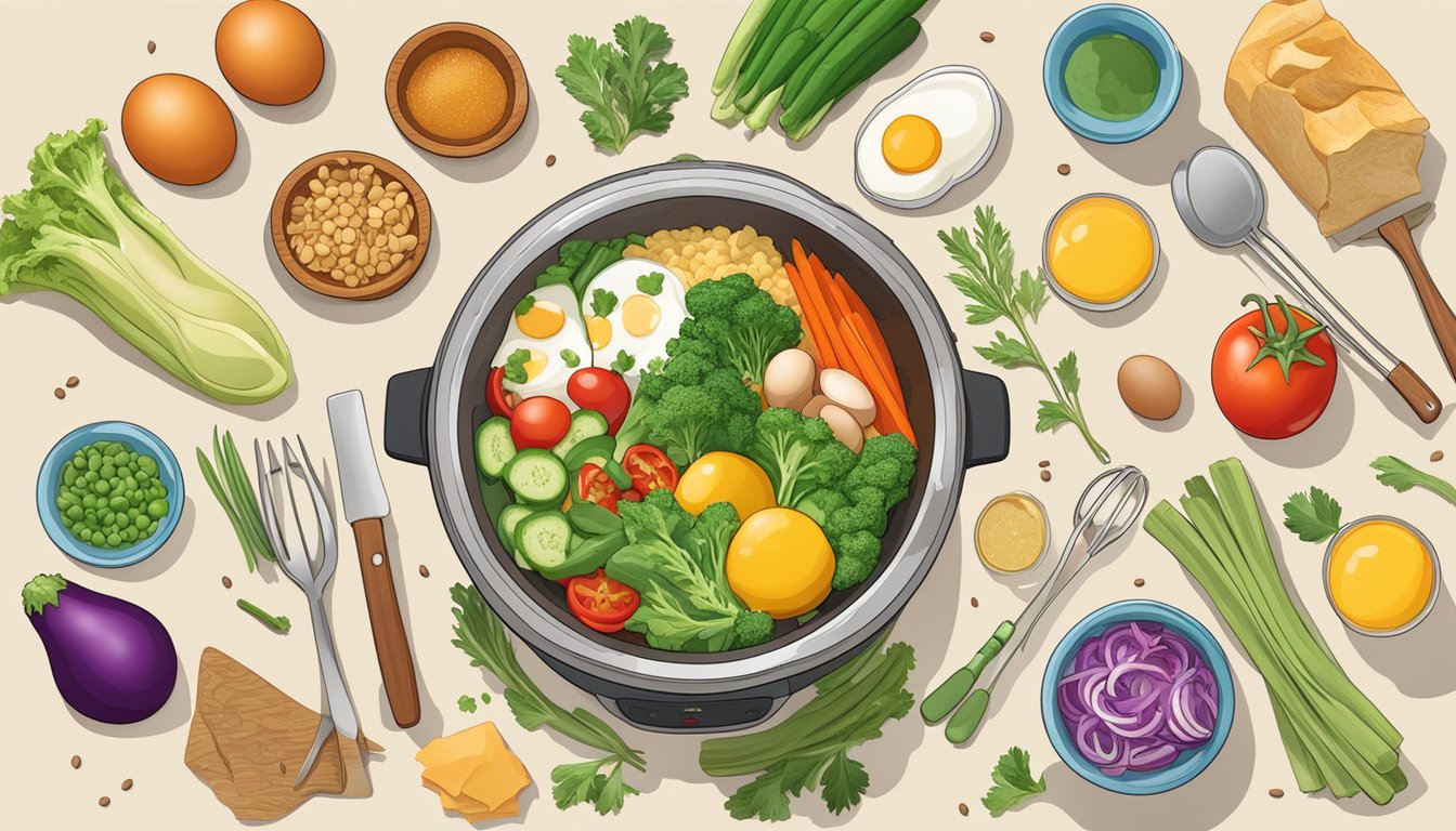 A colorful array of fresh vegetables and eggs being mixed together in an Instant Pot Duo Crisp, surrounded by various breakfast ingredients and utensils