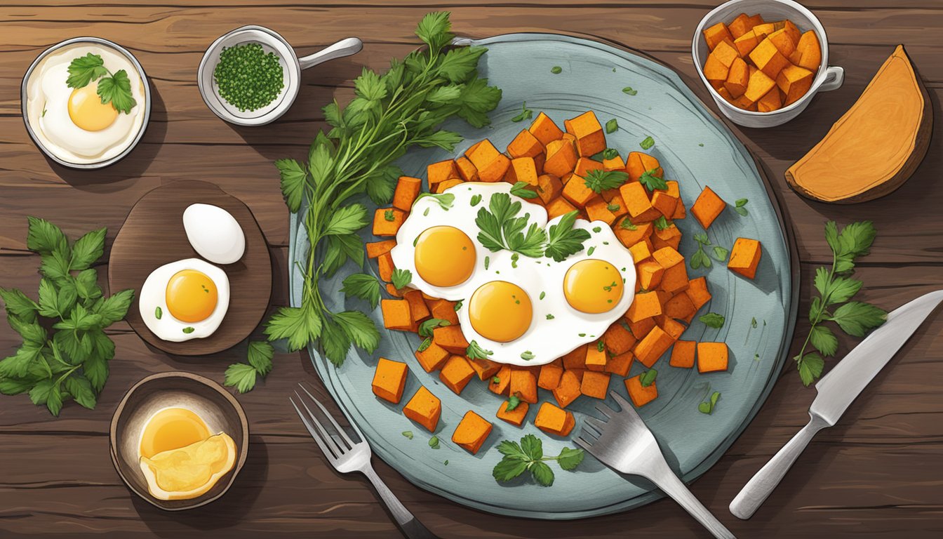 A colorful array of sweet potato hash, eggs, and fresh herbs on a rustic breakfast table